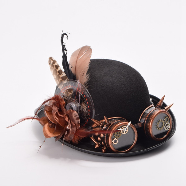 Women/Men Vintage Steampunk Hat Feathers Gear Glasses Decoration Gothic Black Hat Headwear Victorian Style High Quality