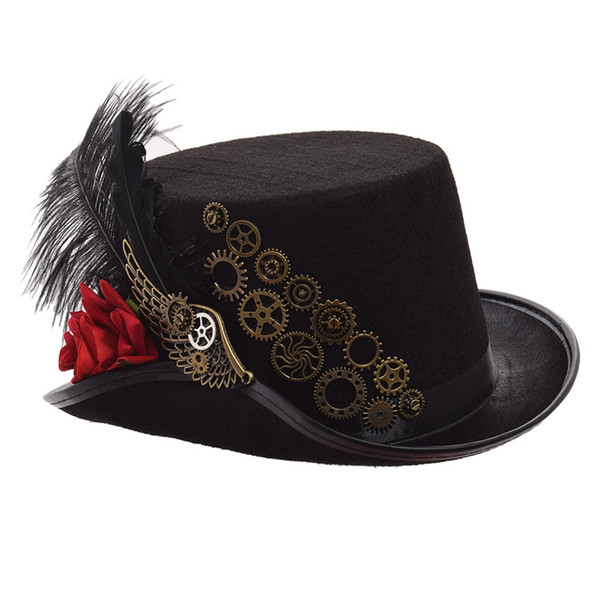 Steampunk Top Hat Men Women Black Rose Gears Feather Fedora Vintage Cosplay Head Wear 58cm/61cm