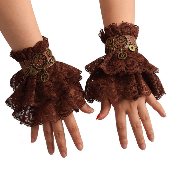 1 pair Women Steampunk Gear Brown Lace Wrist Cuff Vintage Wristbands Party Cosplay Accessory High Qauality