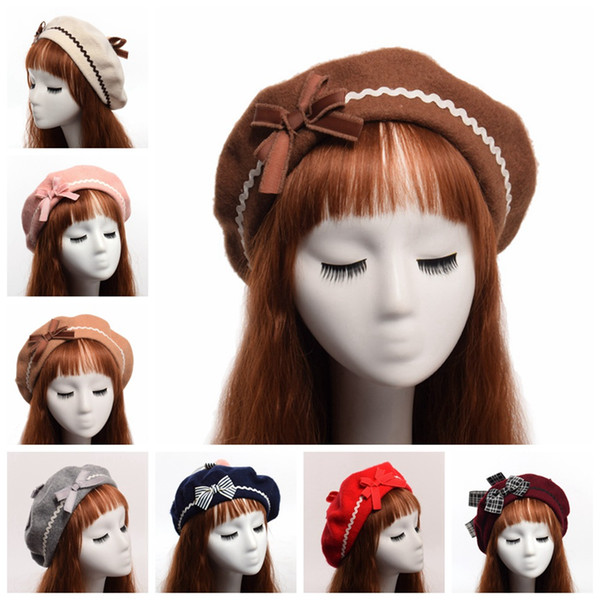 1pc Handmade Raised Grain Women Beret Lolita Girls Bowknot Painter Hat Beanie Beige Red Pink Gray