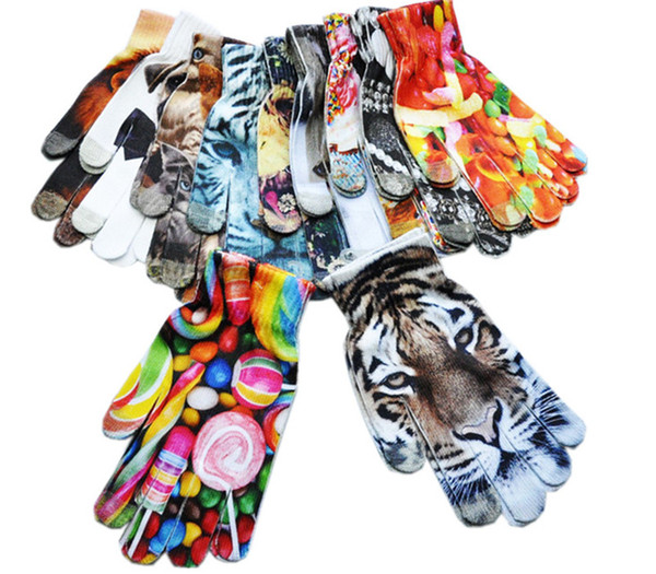 3D Printed Women Gloves Cartoon Animal Tiger Cat Lion Glove Capacitive Touch Screen Flower Knitted Gloves Outdoor Warm Mittens 12 Designs