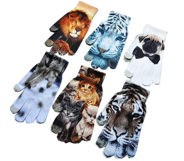 Women gloves cartoon Animal tiger 3D Printing Capacitive Touch Screen Gloves flower Knitted Gloves Warm Outdoor Telefinger mittens Xmas gift