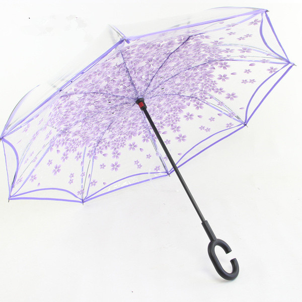 Creative Transparent Sakura C-Hook Handle Inverted Reverse Folding Umbrella Women Windproof Rain Transparent Clear Flower Blossom Umbrella