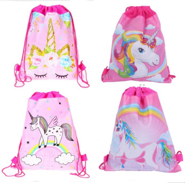 27*34cm Unicorns Double Side Drawstring Bag Cartoon Non-woven Fabric Backpacks Children's Birthday Gifts Travel Beach Bags Swimming Package