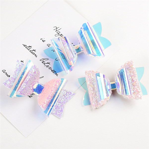 INS Kids Sequins Laser Hairclips PVC Glitter Transparent Geometric Hairpin Fork Clamp Holder Bowknot Hair Clip Girls Barettes Hair Accessory