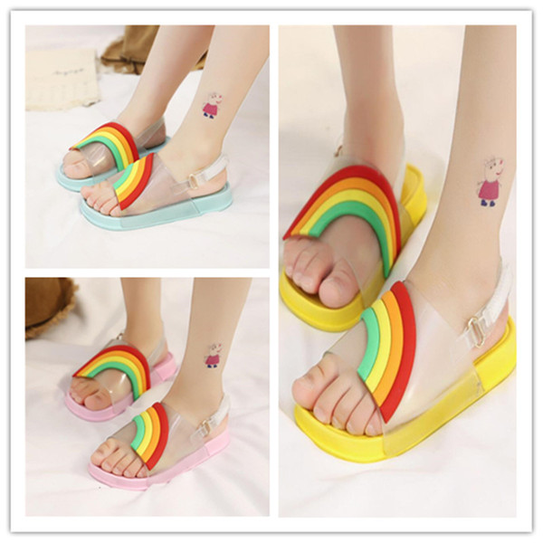 Ins Summer Kids Rainbow Sandals Girls Leakage Toe Candy Color Sandals With Buckle Strap Soft PU Sole Beach Slippers Bath Water Shoes A51302