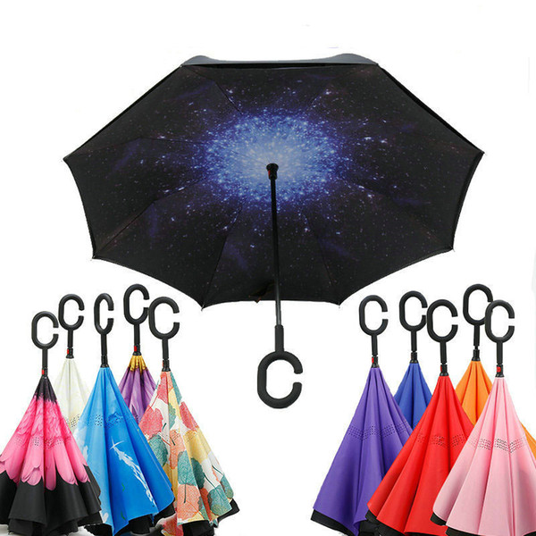 25 Colors Reverse Umbrella Double Layer Inverted Folding Umbrellas C Handle Hook Self Stand Inside Out Umbrella Reverse Sunshade A2206