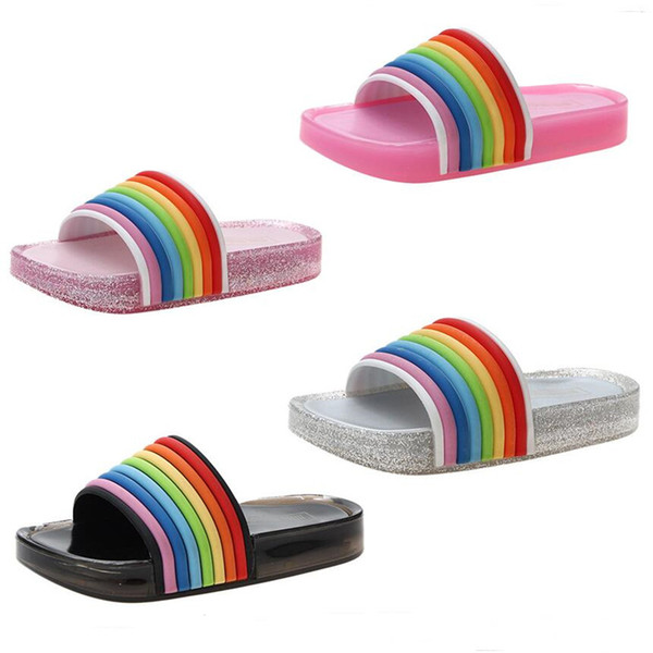 Ins LED Rainbow Kids Glitter Slippers Summer Children Flashing Jelly Sandals New Fashion Sequins Sandals Girls Travel Beach Shoes A5801