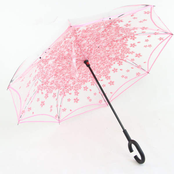 C-Handle Transparent Sakura Umbrella Windproof Reverse Folding Double Layer Inverted Umbrella Inside Out Rain Protection 30pcs