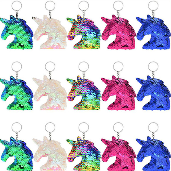 Mermaid Sequins Key Ring Unicorn Keychain Glitter Pompom Key Chain Cute Animal Keyrings For Women Car Bag Pendant Charms Party Gifts A5701