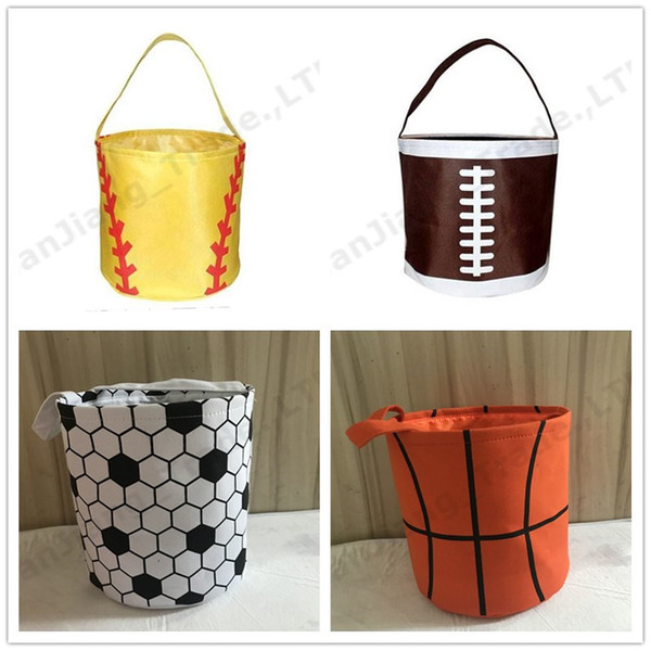 Easter Sports Pattern Baskets Canvas Handbags Football Basketball Baseball Soccer Softball Bucket Reversible Fabric Storage Bags 2019 A331