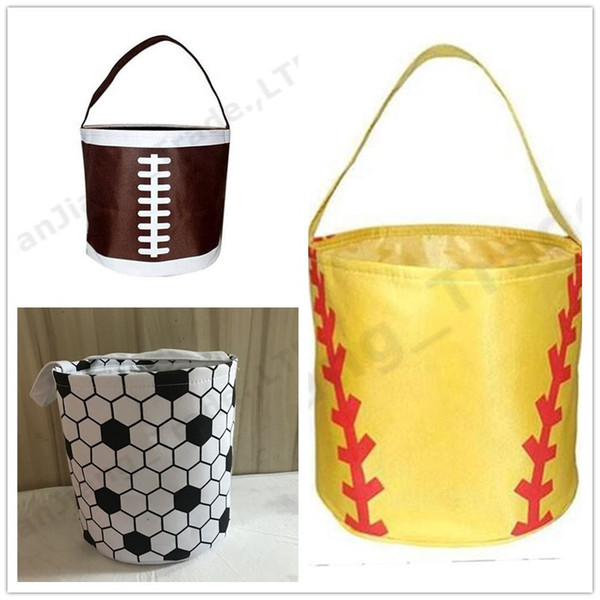 Easter Baskets Sports Canvas Handbags Football Basketball baseball Soccer Softball Bucket Reversible Canvas Fabric Storage bags mix A331