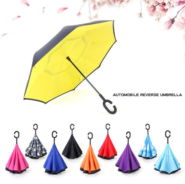 Windproof Reverse Umbrella Double Layer Inverted Folding Umbrellas With C Handle Self Stand Inside Out Umbrella Reverse Sunshade A2206 