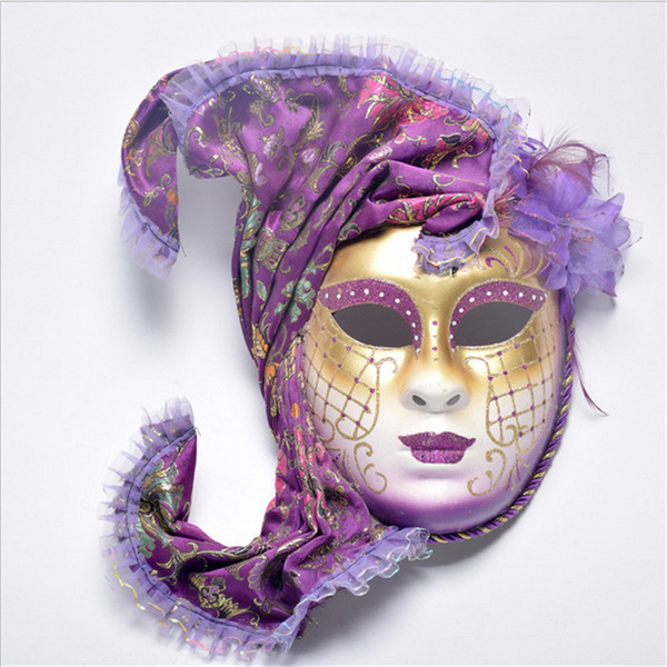 Halloween Cosplay Masquerade Mask Venice Antique Painted With Flower Shawl Full Face Party Performance Female Mask