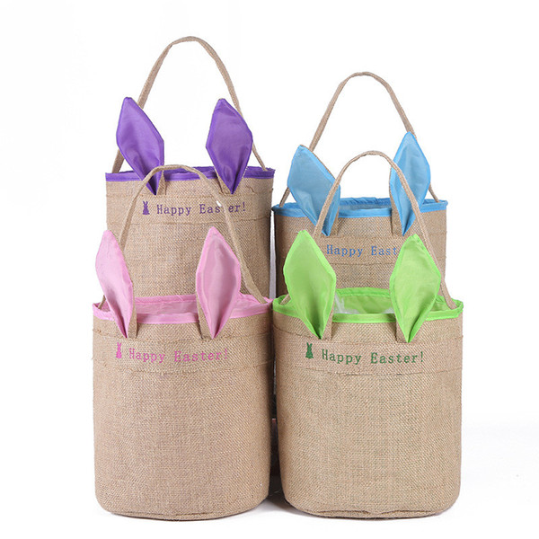 Burlap Easter Basket with Bunny Ears Baskets Jute Bucket Tote Bag Colorful Easter Egg Gift Handbag DIY Rabbit Ears Put Storage Bags 4 Colors