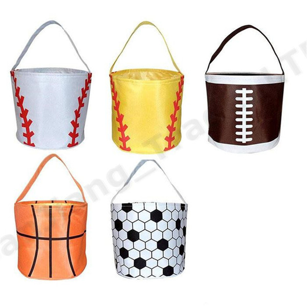 Easter Baskets Sports Canvas Handbags Football Basketball baseball Soccer Softball Bucket Reversible Canvas Fabric Storage bags 5colors A331