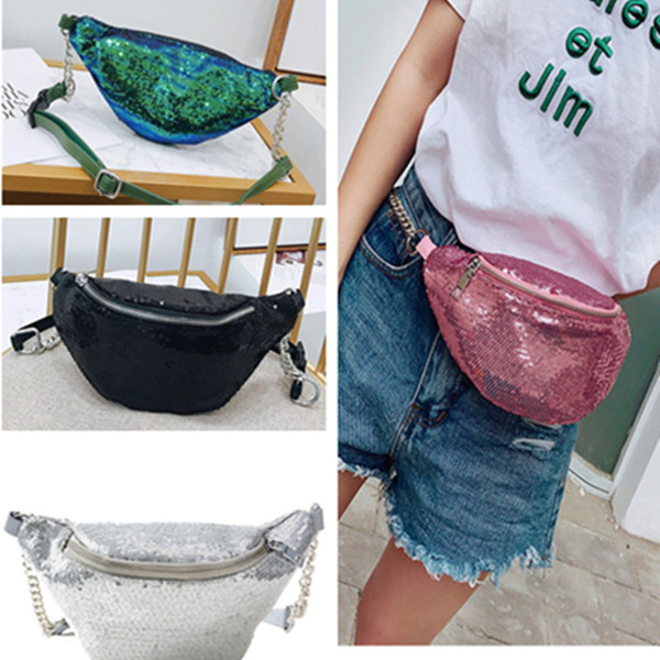 Women Sequins Fanny Pack Glitter Waist Bags Girls Mermaid Purse Pocket Beach Travel HandBag Cosmetic Makeup Bag PU leather Belt Totes