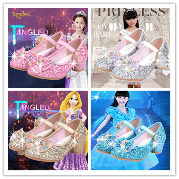 Spring Autumn Ins Children Princess Wedding Glitter Bowknot Crystal Shoes High Heels Shoes Kids Sandals Girls Party Shoes Hot A42506