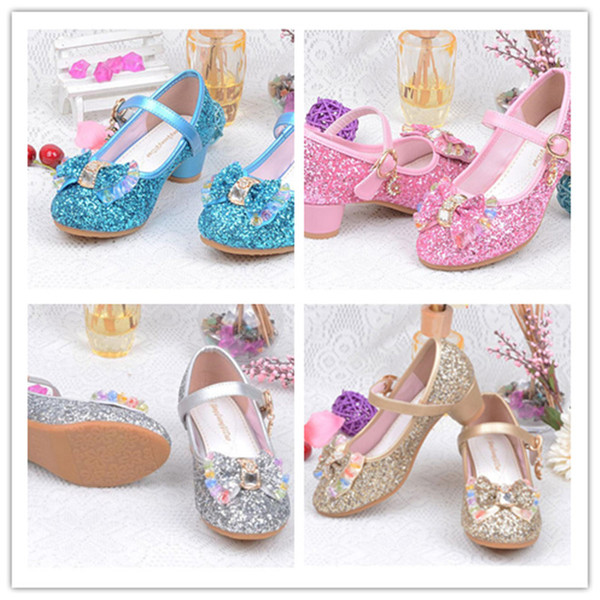 Ins Children Princess Wedding Glitter Bowknot Crystal Shoes High Heels Dress Shoes Kids Spring Autumn Sandals Girls Party Shoes A42506