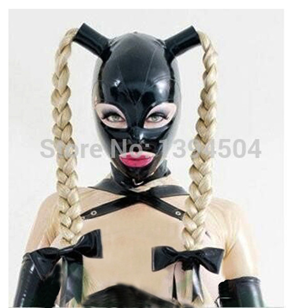 2018 New hot sexy exotic women woman girl Latex Mask Twist braids female pigtail hoods Fetish cekc uniform headgear zentai 1 piece