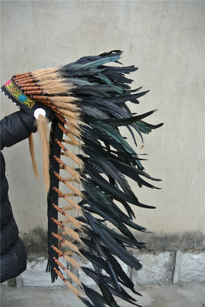 black Indian chief feather Headdress 36inch high indian war bonnet american costumes for costumes party supplies