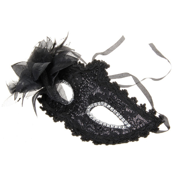 Wholesale-shipping Small Packet Plus Elegant Halloween Masquerades Party Lace Feather Half Face Mask w/ Flower - Black /Pink