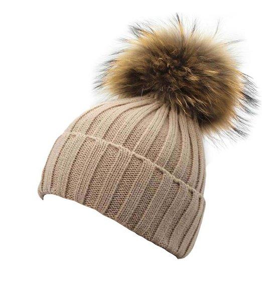 Wholesale-Women Winter Detachable Large Real Raccoon Fur Pom Pom Knit Beanie Hat