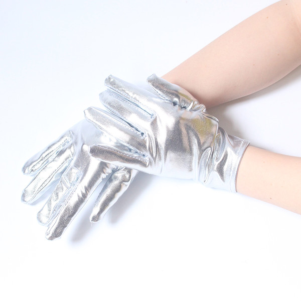 Women Sexy Short PVC Gloves Gothic Gloves Five Fingers Silver Color Wet Look Adult Evening Gloves