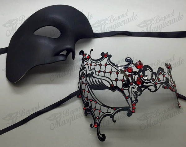 His & Her Couple Masquerade Mask, Black Themed Phantom Mask [Red Rhinestones Face mask Eye glasses eye Female Retro Luxury