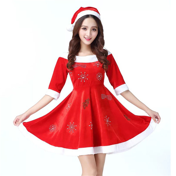 fashion velvet Hot drill snowflake Adult party perform Hats Dress sexy christmas costume mascot mascotte anime