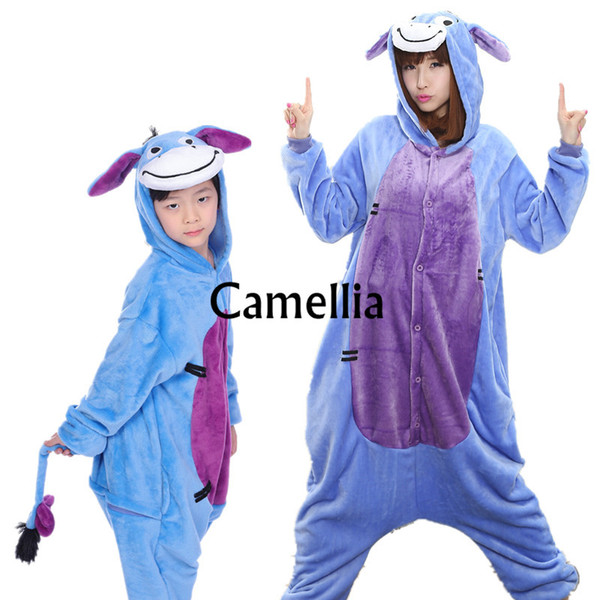 Adult Kids Kawaii Donkey Onesie Unisex Animal Costume Soft Warm Flannel Sleepwear Halloween Blue Burro Party Pyjamas mascot