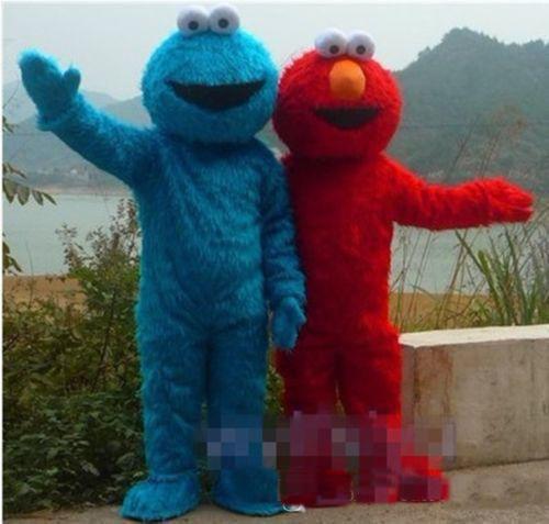 High quality TWO PCS!! Sesame Street Red Elmo Blue Cookie Monster Mascot Costume, Animal carnival +Free 