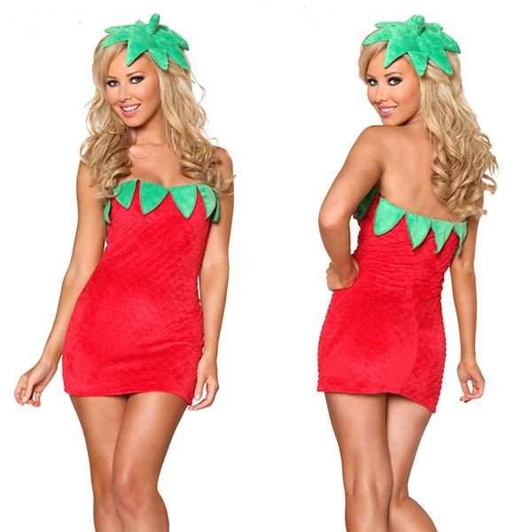 New Sexy Fruit Girl Halloween Party Costume Sleeveless Adult Ladies Fancy Dress Strawberry Costume for Women Wholesale mascot