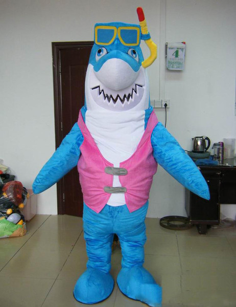 Factory direct sale blue cloth shark mascot costume for adult with diving glass