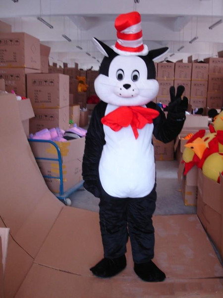 Hot new Cheap Adult Cat in the Hat Mascot Costume Halloween Costumes Fancy Dress Suit Birthday Party character Costume