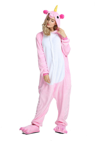 Unicorn Pajamas for Women Pink Long Sleeves Fleece Hooded Adults Home Wear Mascot Costumes Sleep Wear Night Party Wear Warm