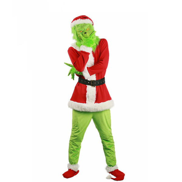 Green-haired Monster Greenwich Mask and Grinch Mascot Costume Suit for Adult Men and Women in Christmas or Halloween Free 