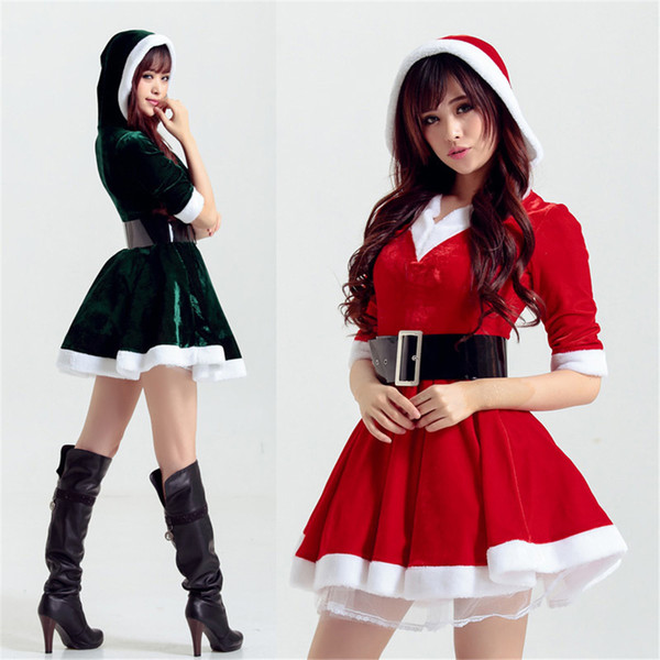 new Velvet Adult party perform Caps V collar Plush edge belt Dress sexy christmas costume mascot mascotte anime