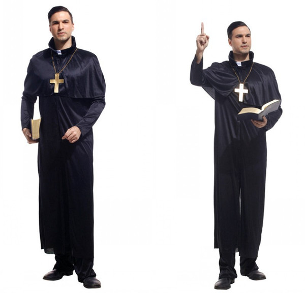 Shanghai Story Black Classic Priest Costumes With Cross Necklace Adult Party Performace Halloween Cosplay