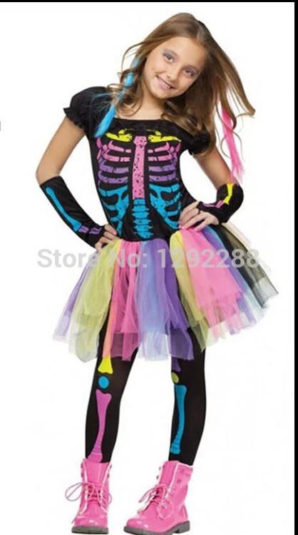 Wholesale-Free shipping,children colorful rainbow pink skeleton dress , halloween party costume for kid ,dress+trouses+sleeve covers