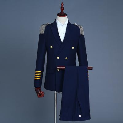 Freeship mens navy/white captain uniform tuxedo jacket with pants/stage performance/studio suit/asia size