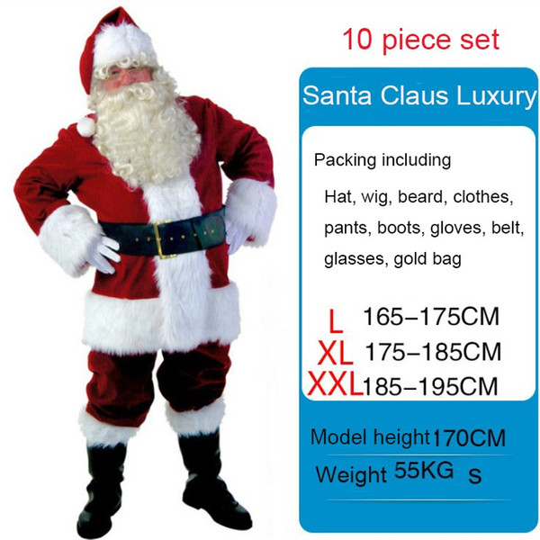 New Merry Christmas Dress 10pcs Santa Claus suit Men Christmas Dress Costumes belt Santa Claus Dress Party