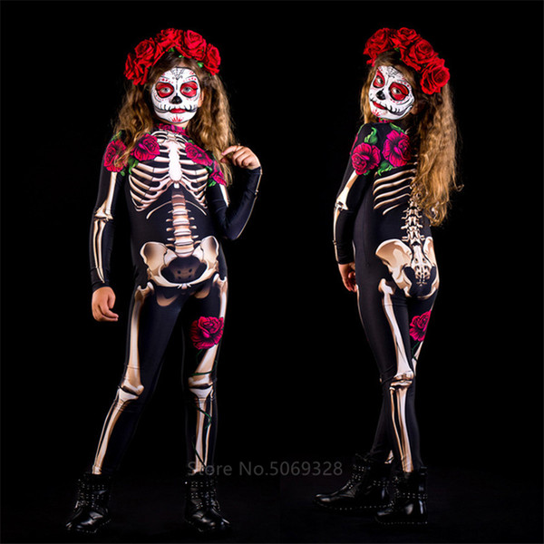 Skeleton Rose Sexy Women Halloween Devil Ghost Jumpsuit Party Carnival Performance Scary Costume Kids Baby Girl Day Of The