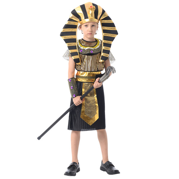 Ancient Egypt Prince Chirdren Golden Costumes Kids Halloween Cosplay Masquerade Boys Girls Clothing