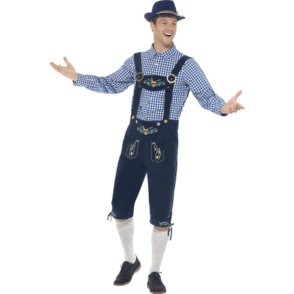 Men Traditional Oktoberfest Costumes German Bavarian Beer Male Cosplay Halloween Men Party Clothes Chequered Top and Blue Lederhosen W4153