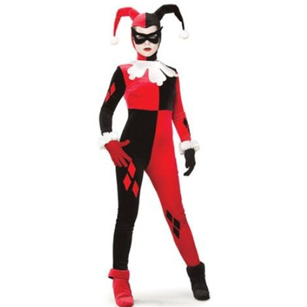 Harley Quinn Cosplay Jumpsuit Costume Black and Red Fitted Harlequin Cosplay Costume Halloween Clown Joker Costume Costumes