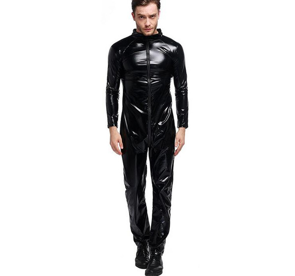 Men's Faux Leather Long Catsuit Full Sleeve high Collar jumpsuit Nightwear