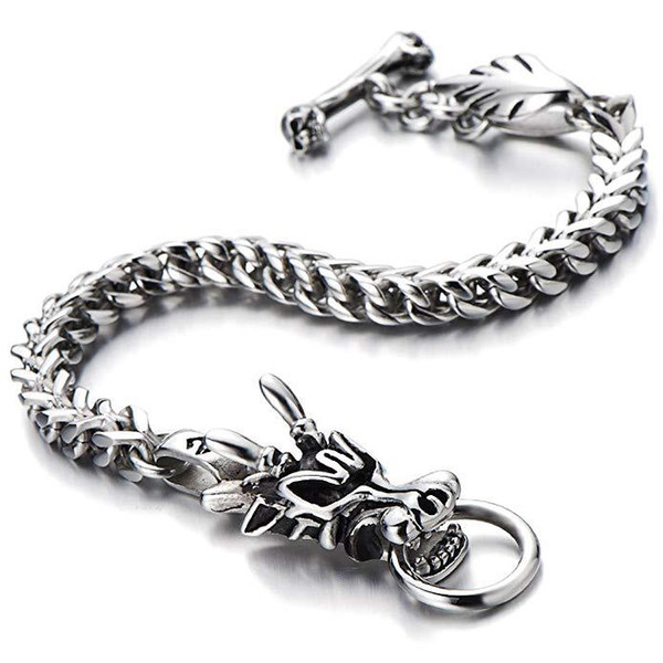 Mens Biker Stainless Steel Dragon Curb Chain Bracelet Toggle Clasp Gothic Style 8.9 Inches