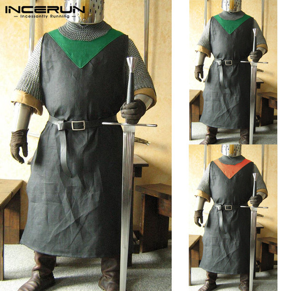 Vintage Men Dress Shirt Sleeveless Cosplay Costumes Medieval Knight Warrior Surcoat Vikings Tabard Robe Stage Men Shirt Camisa