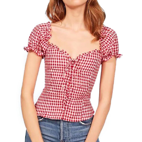 Women's Vintage Gingham Drawstring Ruffle Top Elegant Short Ruched Sleeve Dirndl Blouse Corset Summer Top German Slim Fit Blouse